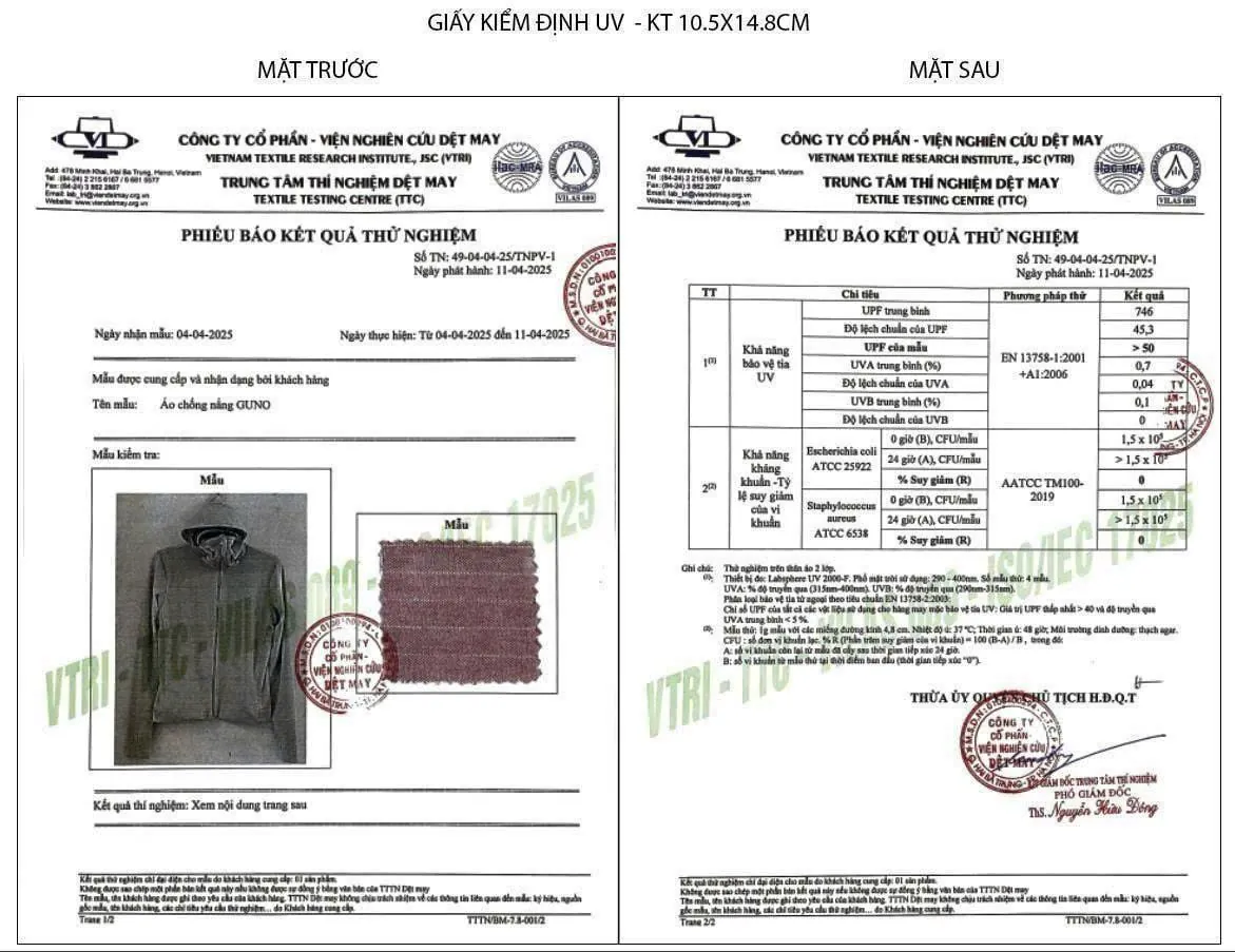 Chứng nhận UPF 50+ áo chống nắng GUNO - Viện Nghiên cứu Dệt May