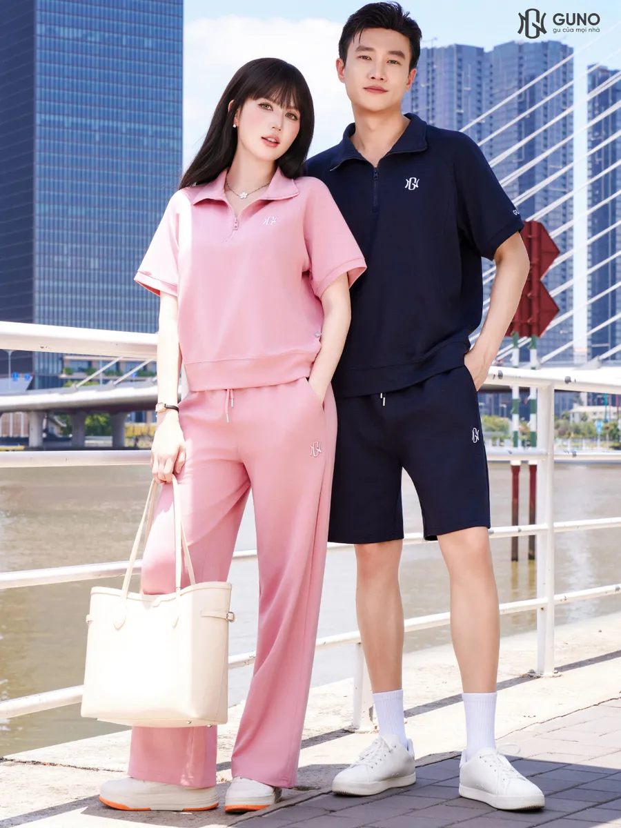 Bộ Quần Áo GUNO Cao Cấp Cổ Bẻ Kèm Quần Suông Logo Thêu