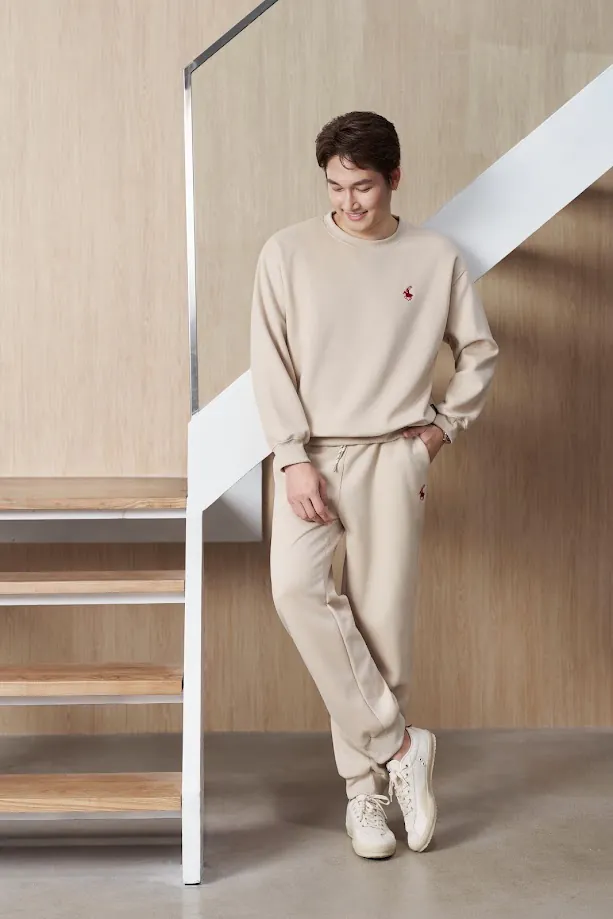 Bộ Quần Áo Nỉ Nam GUNO Cổ Tròn Thêu Ngựa Quần Bo Gấu Set Bộ Thu Đông