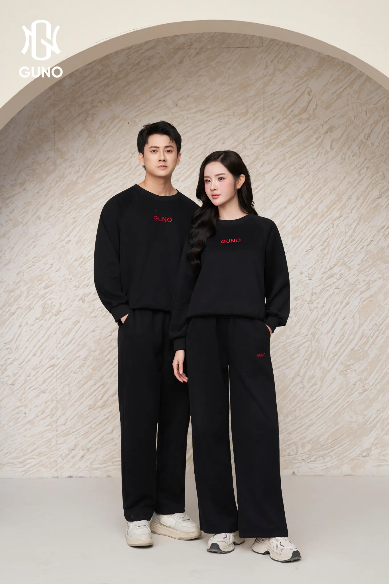 Bộ Quần Áo Nỉ Nam GUNO Cổ Tròn Logo Thêu Kèm Quần Suông Set Bộ Thu Đông
