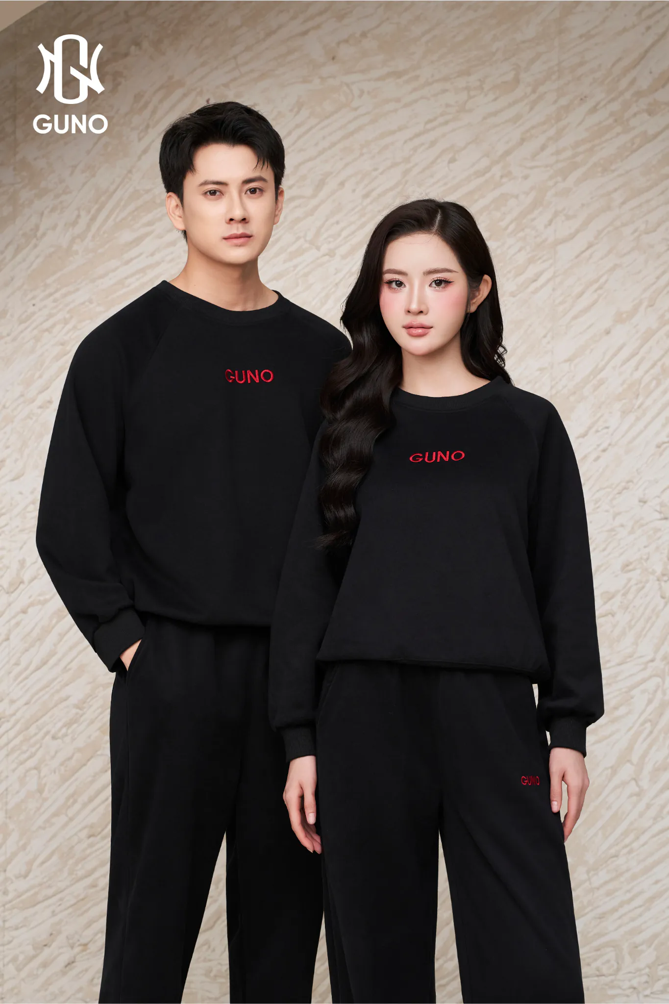 Bộ Quần Áo Nỉ Nam GUNO Cổ Tròn Logo Thêu Kèm Quần Suông Set Bộ Thu Đông